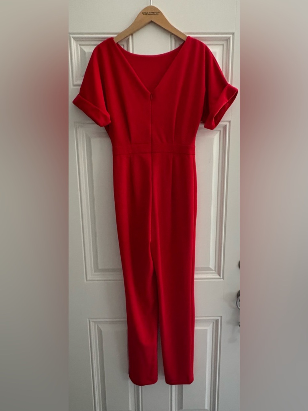 Red Women's Jumpsuit - Cuffed Short Sleeve - Picture 4 of 7